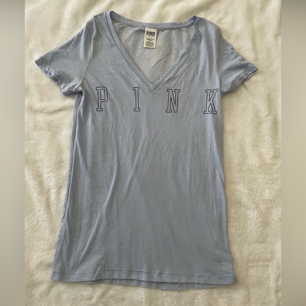 PINK lace Light Blue V-Neck T-Shirt